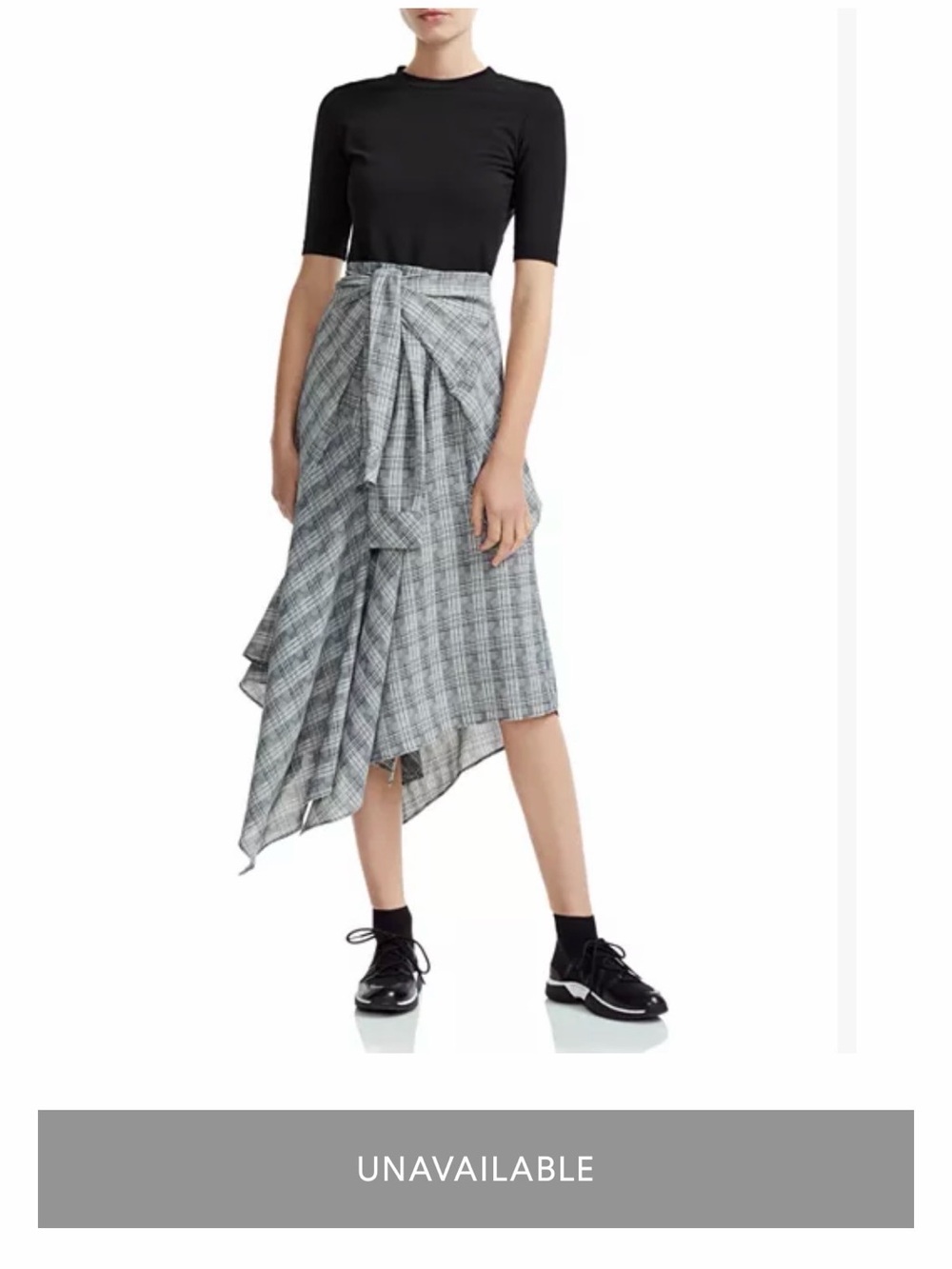 Maje Gray Plaid Asymmetrical Midi Skirt with Front Knot